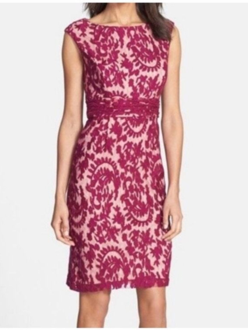 Adrianna Papell Sleeveless Fuchsia Lace Overlay midi evening Dress Sz 8